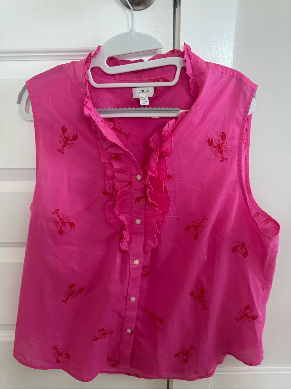 J.Crew Factory Pink Lobster Print Ruffle Front Button Down Tank Top XXL